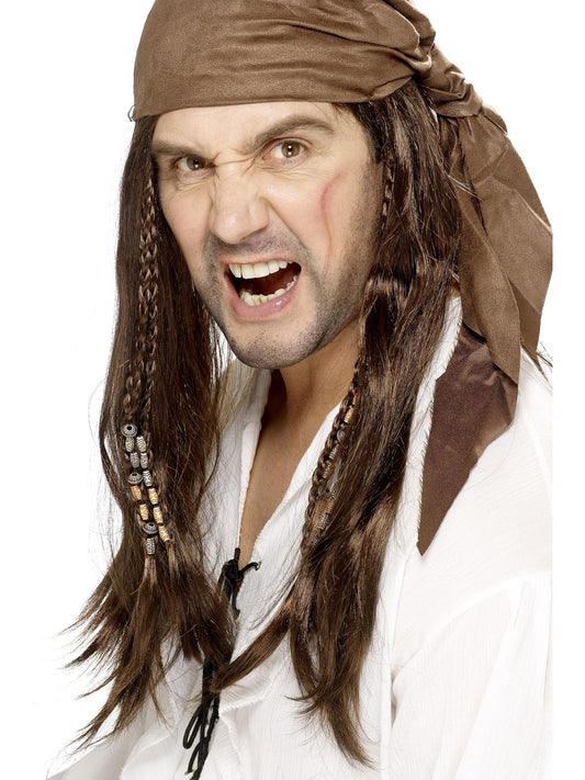 Peluca pirata con pelo largo oscuro, pañuelo marrón y trenzas en la cabeza