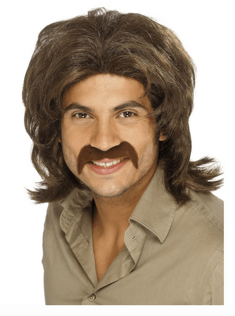 Peluca de disfraces para hombre: cabello marrón ondulado y bigote