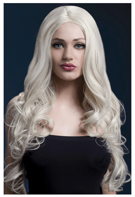 Peluca rubia de melena larga y ondulada, cabello suelto y raya al centro.