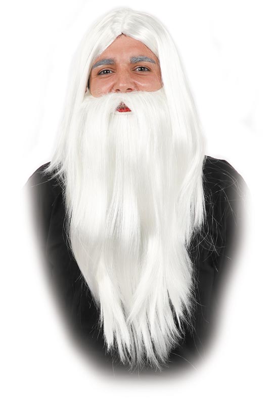 Peluca y barba blancas de mago con pelo largo liso y barba completa