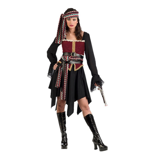 Disfraz de pirata para mujer con vestido negro y rojo, sombrero y botas altas
