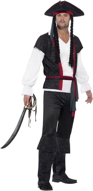 Disfraz de pirata para hombre con sombrero negro y camisa blanca, cinturón rojo y espada