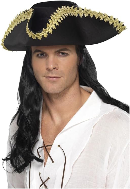 Sombrero de pirata negro con ribete dorado y ala ancha