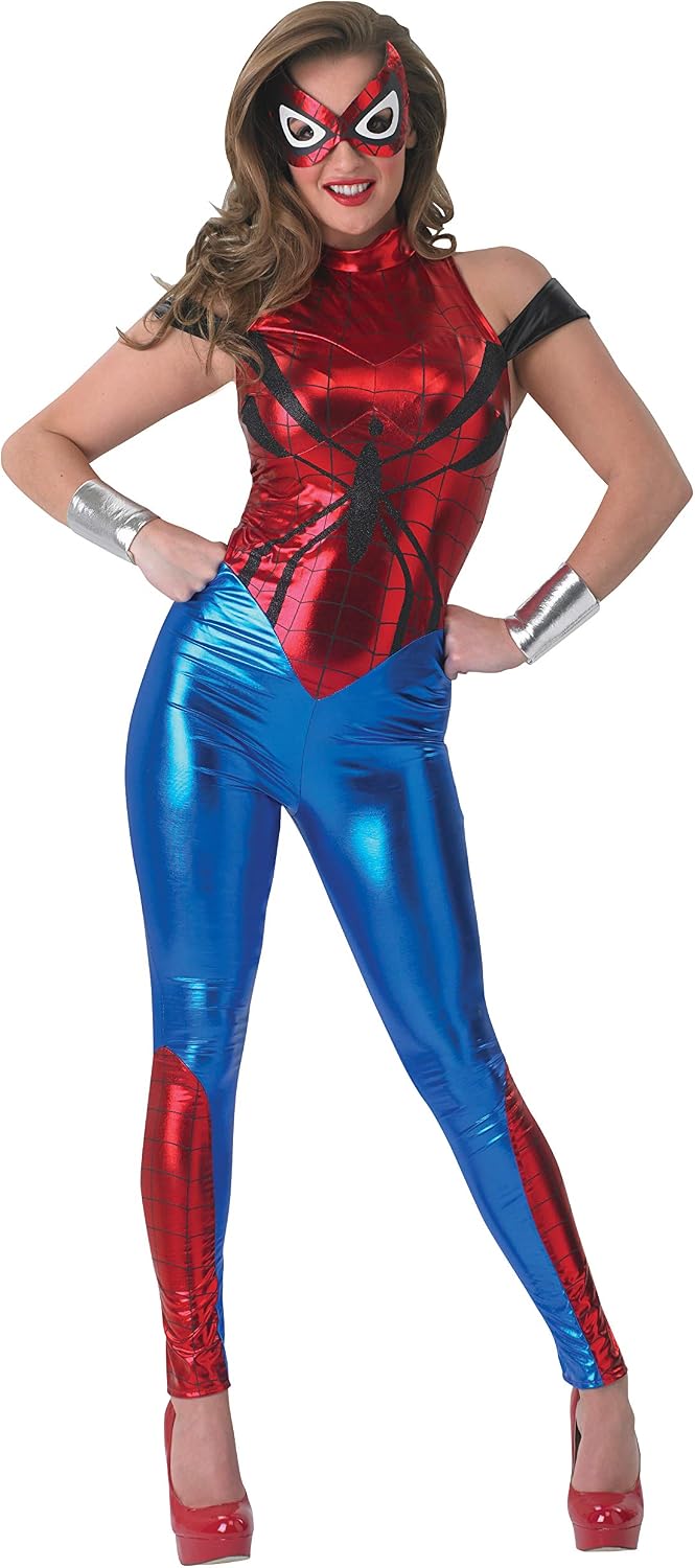 Disfraz de Spiderwoman para mujer con mono rojo y azul, motivo de araña negro y máscara a juego