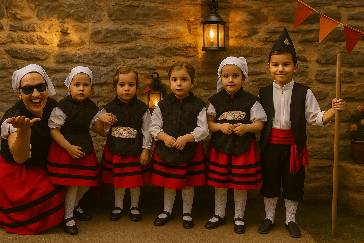Trajes regionales infantiles: chalecos negros y faldas rojas a rayas