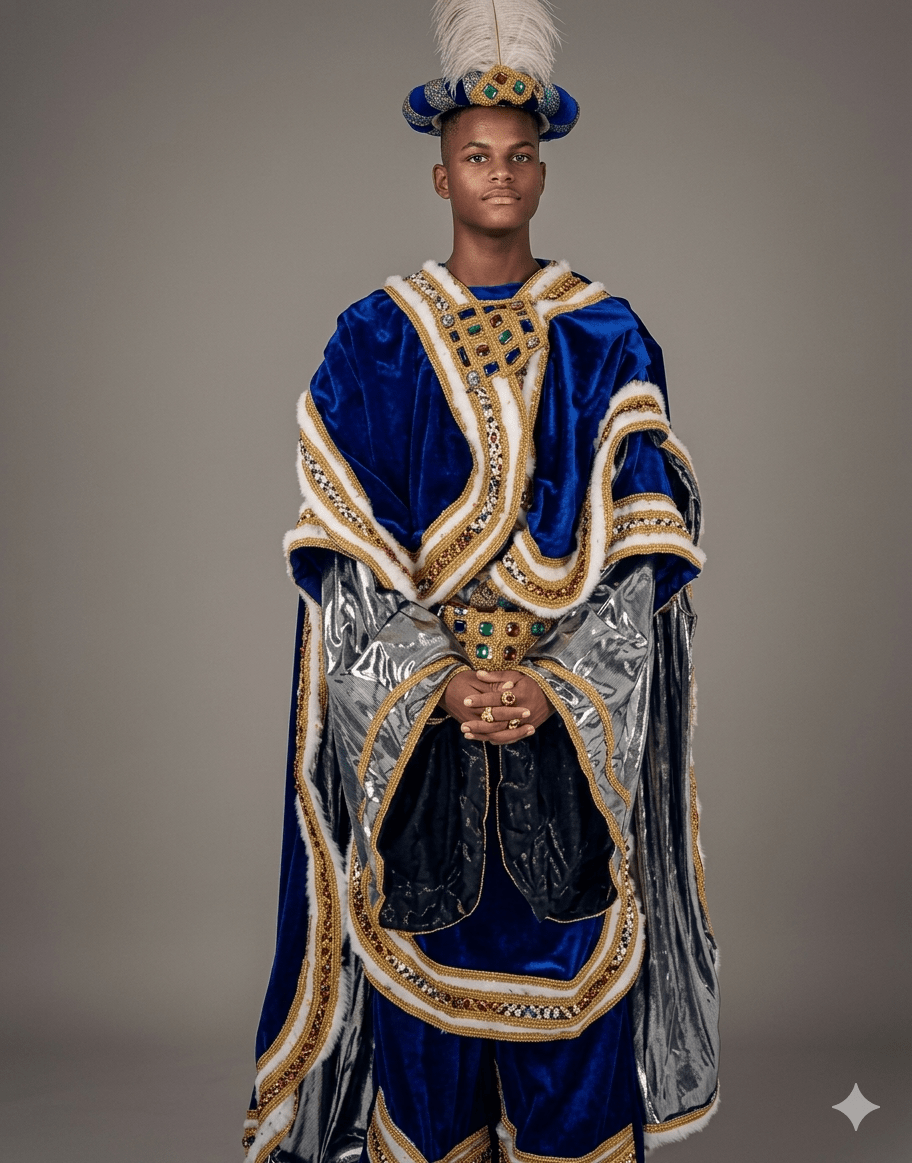 Traje de rey Baltasar: túnica azul con capas plateadas y bordados dorados, sombrero con pluma