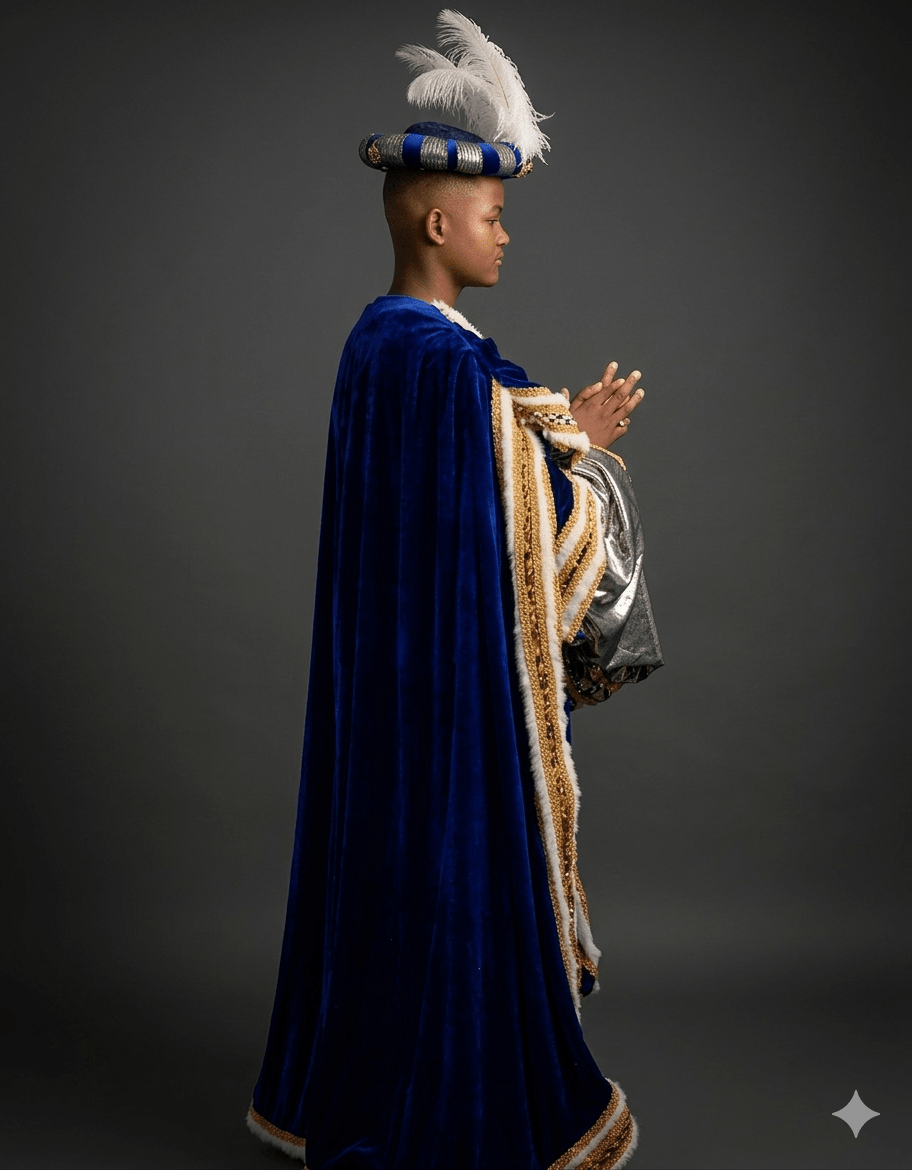 Traje de rey Baltasar: capa azul con ribetes dorados, gorro con pluma y vista lateral