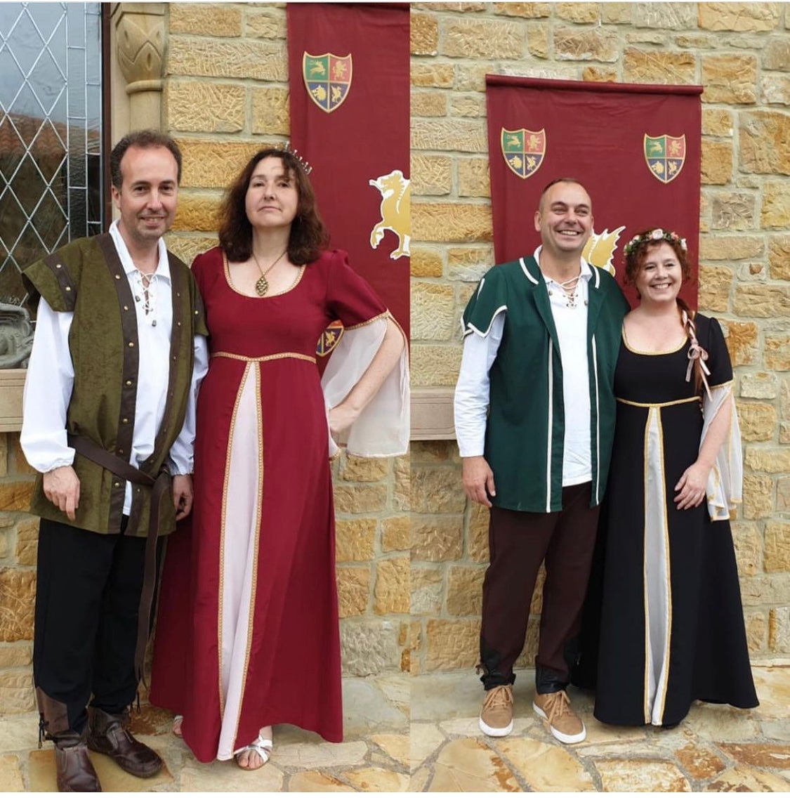 Disfraces medievales: túnica verde con rayas blancas y pantalón oscuro, vestido largo borgoña