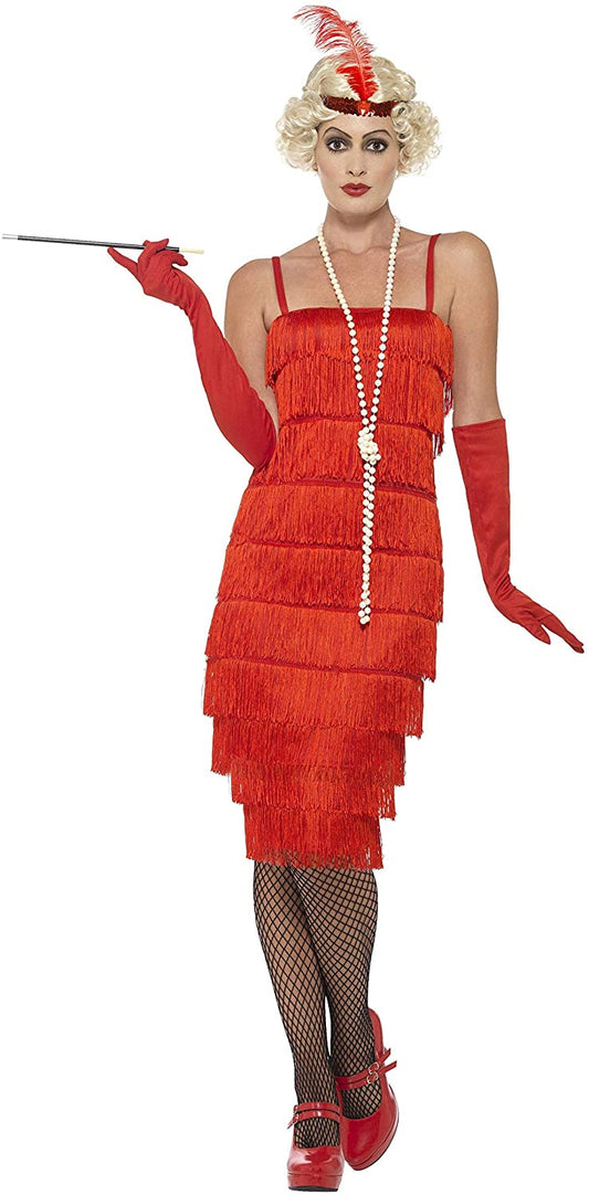 Disfraz de mujer estilo charlestón rojo con flecos, plumas, guantes y medias de rejilla