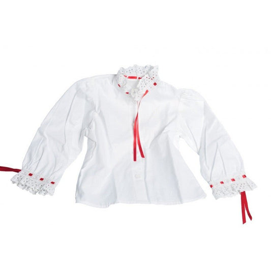 Camisa blanca con lazo rojo y bordes de encaje en puños y cuello.