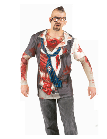 Camiseta de disfraz con estampado zombie rojo y gris, manga corta