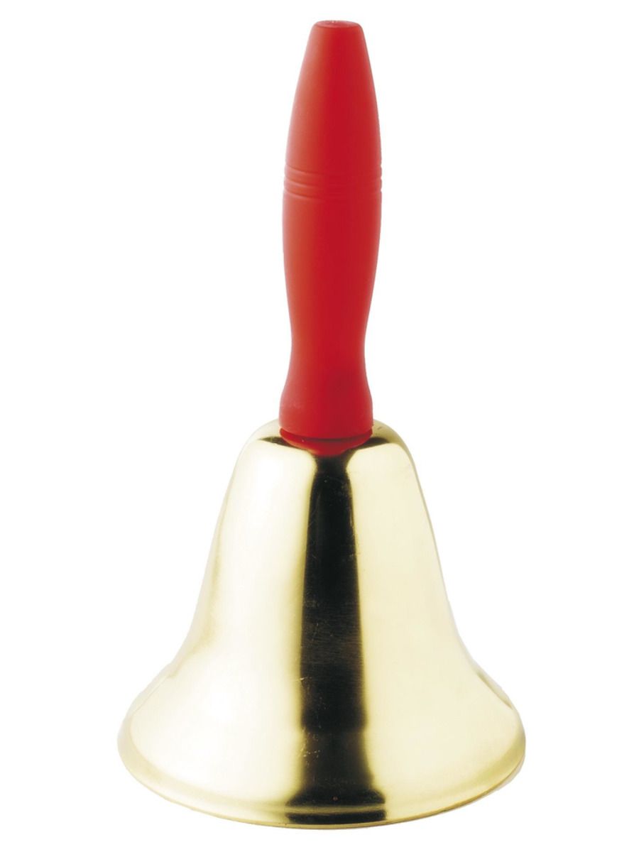 Campanilla dorada con asa roja y base acampanada, decorativa