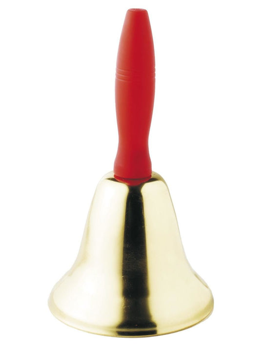 Campanilla dorada con asa roja y base acampanada, decorativa