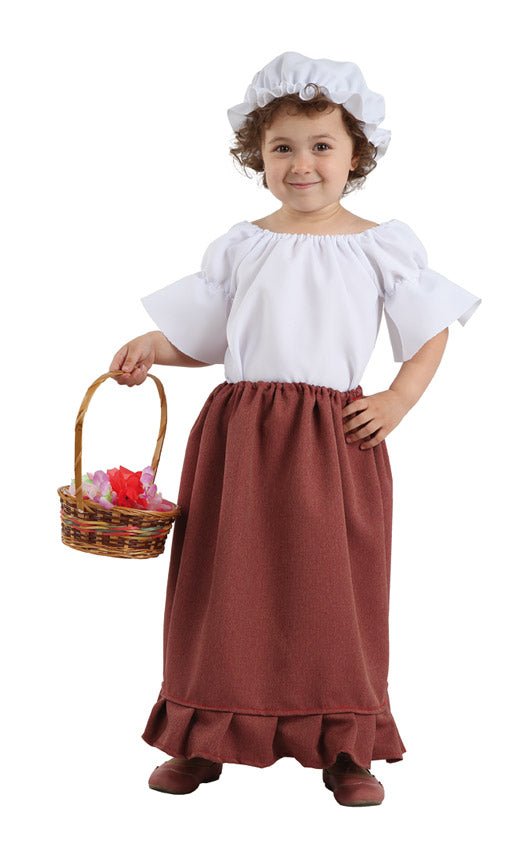 Disfraz de campesina medieval para niña: blusa blanca y falda marrón con cofia blanca.
