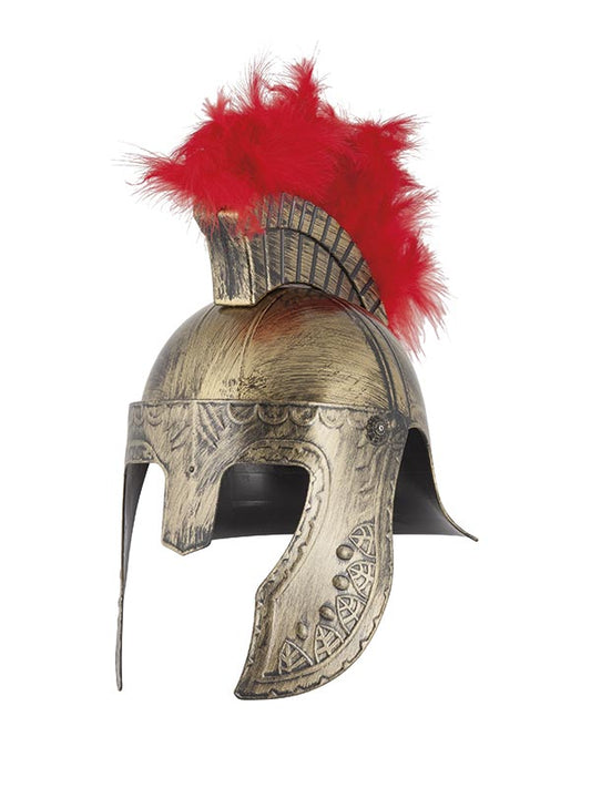 Casco romano dorado con pluma roja y máscara con grabados decorativos
