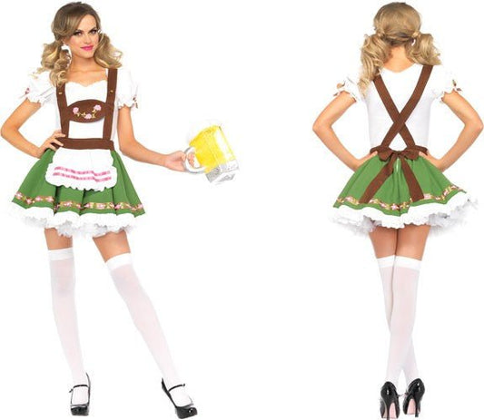 Disfraz de mujer estilo Oktoberfest con blusa blanca y falda verde, delantal marrón
