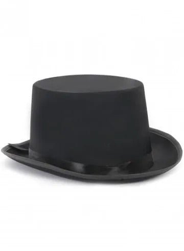 Sombrero tipo chistera negro, copa cilíndrica y ala ancha