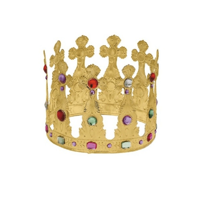 Corona metálica dorada para Rey Mago con gemas multicolor y diseño calado alto