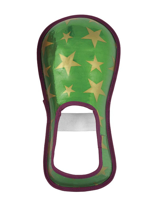 Cubrezapatos de payaso verde con estrellas amarillas y borde morado, abertura oval