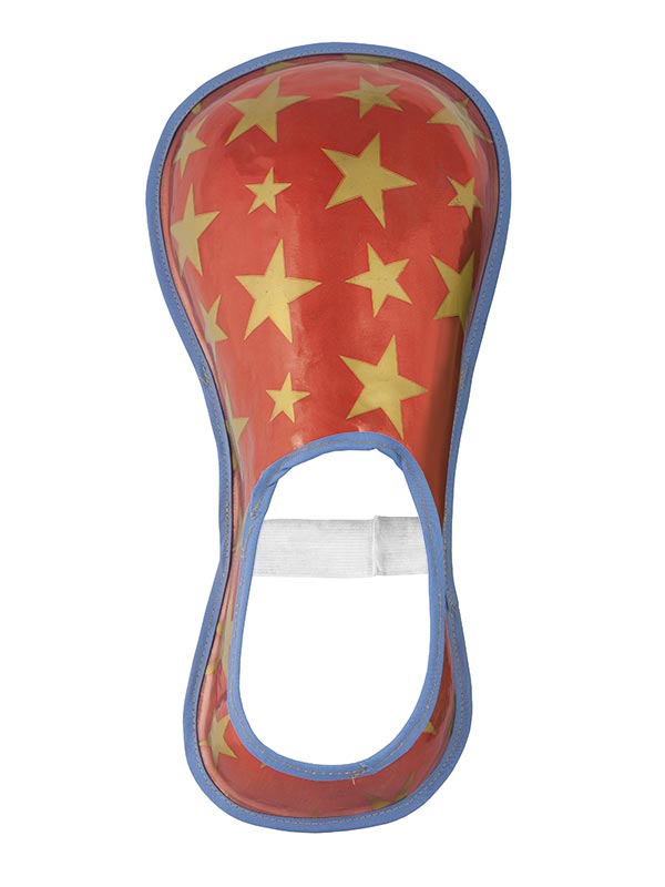 Cubrezapatos de payaso rojo con estrellas amarillas y borde azul, abertura oval