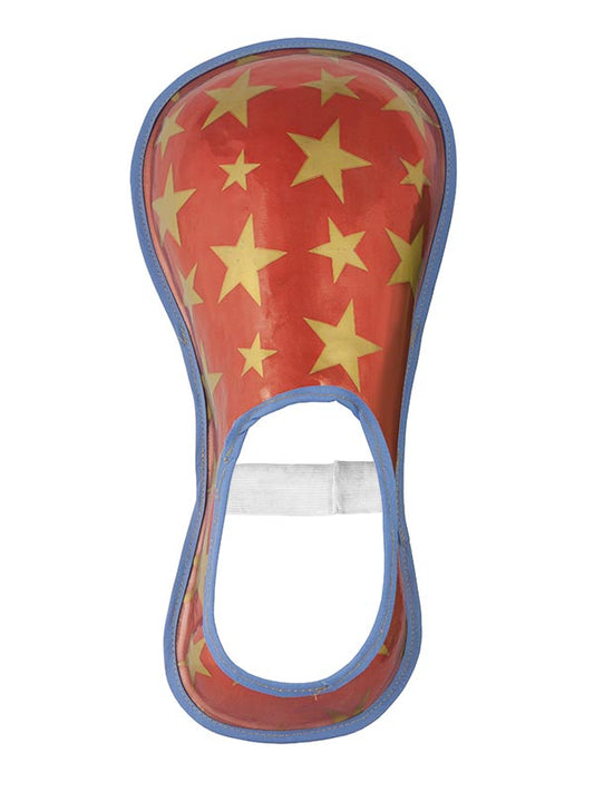 Cubrezapatos de payaso rojo con estrellas amarillas y borde azul, abertura oval