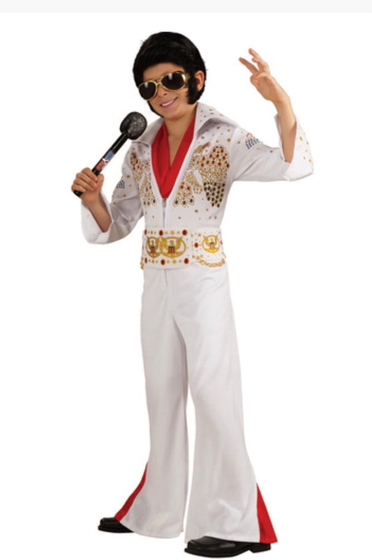 Disfraz de Elvis para niño: traje blanco con ribete rojo y detalles dorados