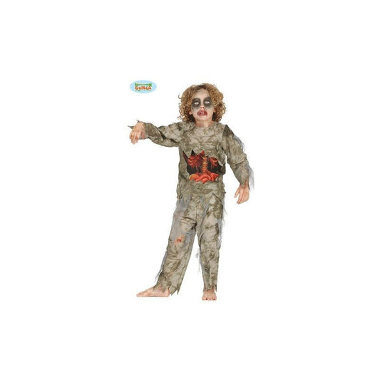 Disfraz de zombie infantil con traje gris desgastado y maquillaje facial