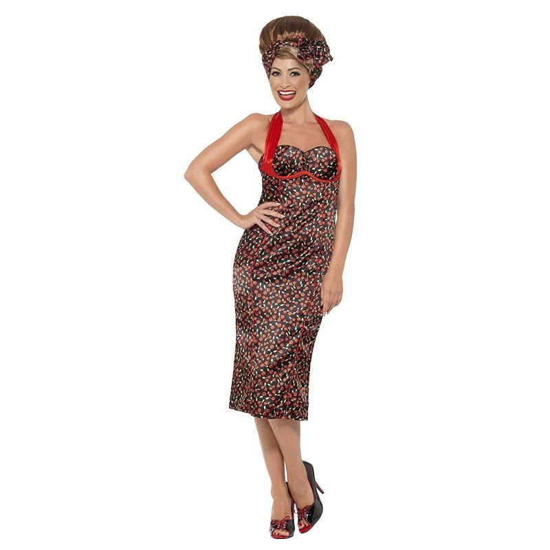 Vestido años 50 para mujer sin mangas, estampado rojo y negro, con cinturón y tocado.