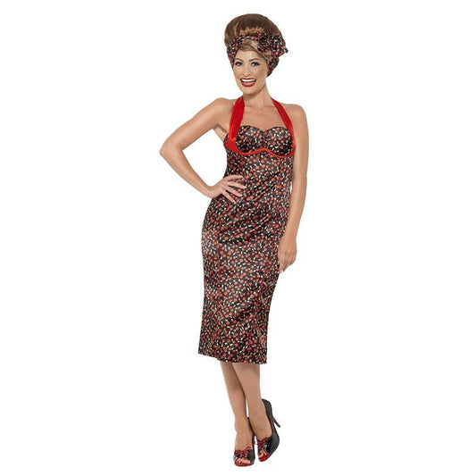 Vestido años 50 para mujer sin mangas, estampado rojo y negro, con cinturón y tocado.