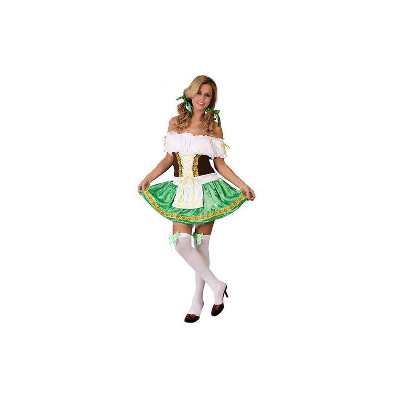 Disfraz de chica de la cerveza: vestido blanco con falda verde y volantes amarillos
