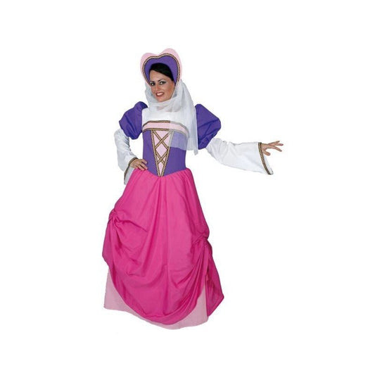 Disfraz medieval para mujer con vestido morado, falda rosa y tocado blanco