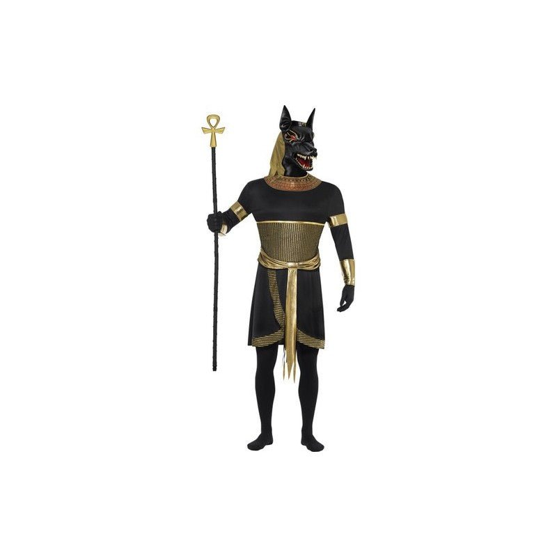 Disfraz de Anubis con túnica negra y ribete dorado, máscara con orejas y cetro ankh