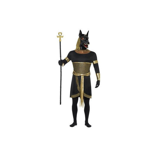 Disfraz de Anubis con túnica negra y ribete dorado, máscara con orejas y cetro ankh