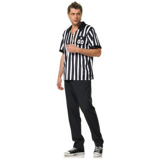 Disfraz de árbitro de fútbol americano: camisa a rayas blanco y negro y pantalón negro.