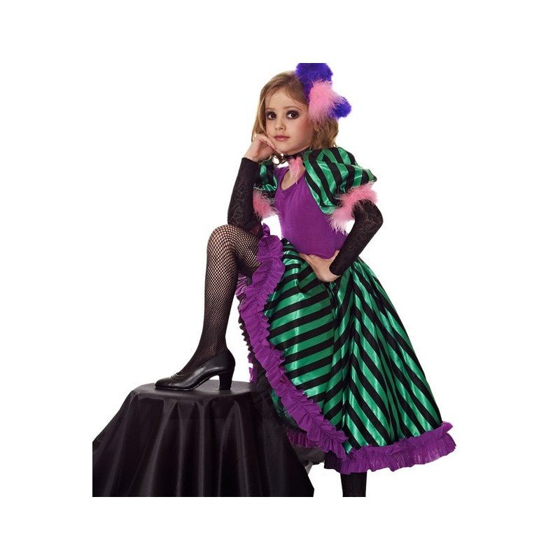 Disfraz can-can infantil morado y verde, con plumas, falda de volantes y botas negras