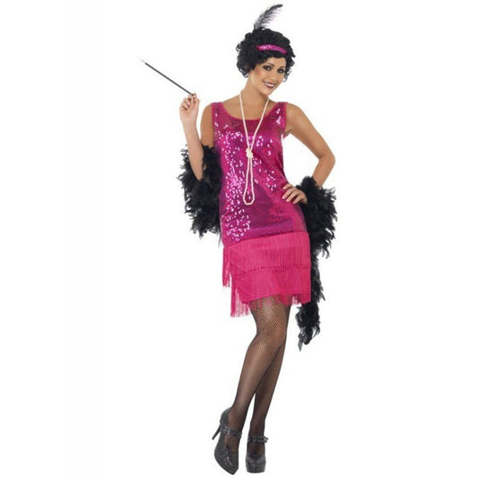 Disfraz charlestón rosa para mujer con vestido de lentejuelas y plumas negras