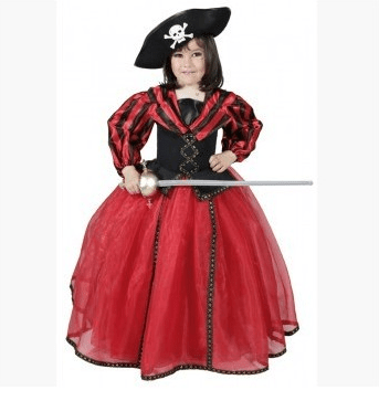 Disfraz de corsaria infantil con vestido rojo a rayas, gorro negro y accesorio de espada