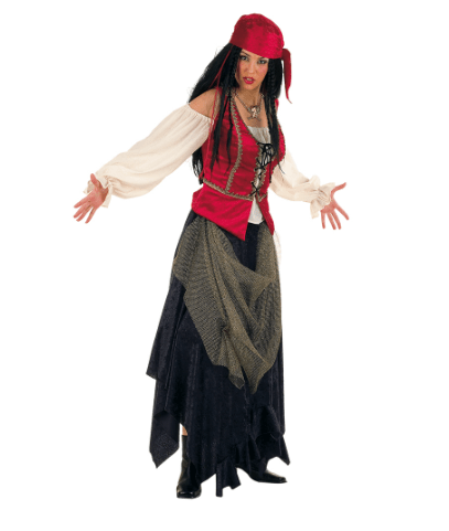 Disfraz de pirata para mujer con camisa blanca, corsé rojo y falda capas oscura