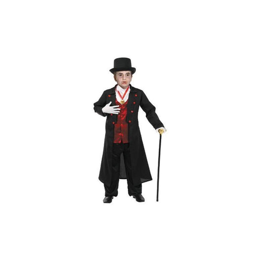 Disfraz de Drácula infantil: traje negro con chaleco rojo, camisa blanca y sombrero