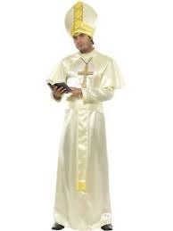 Disfraz de Papa para hombre: túnica blanca con cruz dorada y gorro amarillo