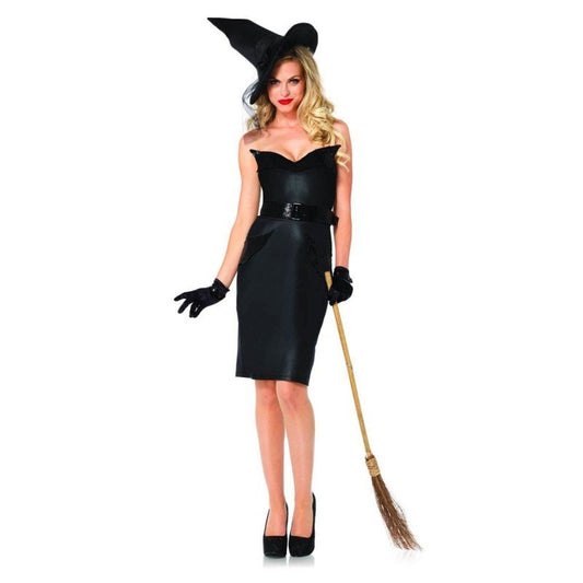 Disfraz de bruja con vestido negro ceñido, sombrero, guantes y escoba.