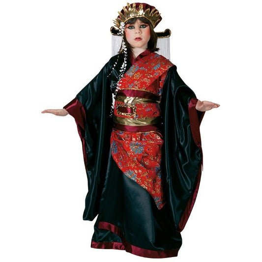 Disfraz de geisha infantil con kimono rojo y capa verde oscuro, cinturón dorado