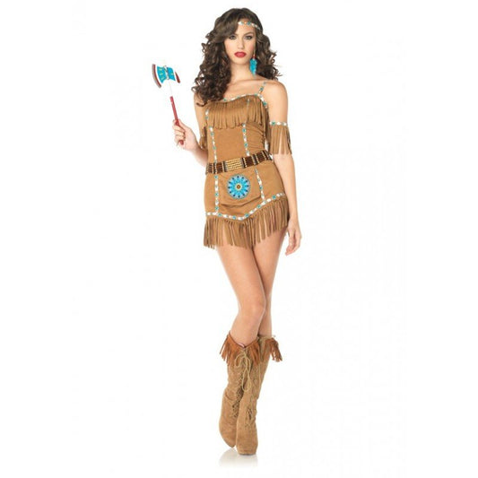 Disfraz tribal de India: vestido sin mangas con flecos y cinturón azul, con botas altas