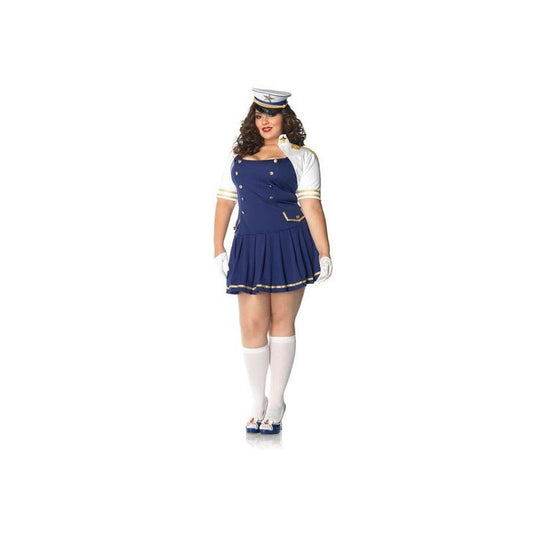 Disfraz de marinera: vestido azul marino con botones dorados, mangas blancas y gorra marinera