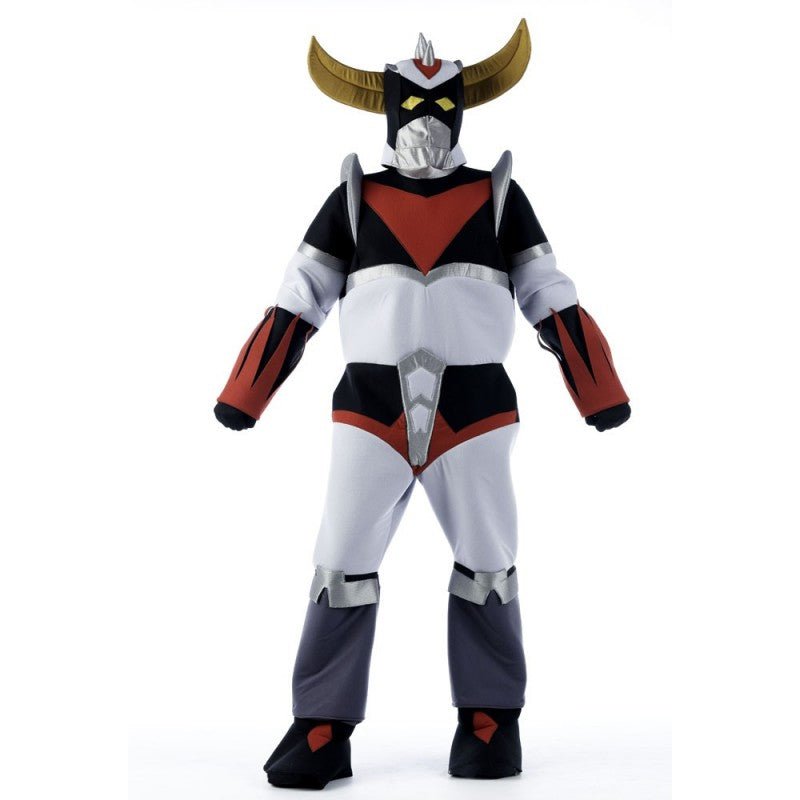 Disfraz tipo robot con armadura negra, roja y blanca, casco con cuernos dorados