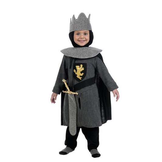 Disfraz medieval de bebé con túnica negra, capa y casco gris, escudo amarillo y varita.