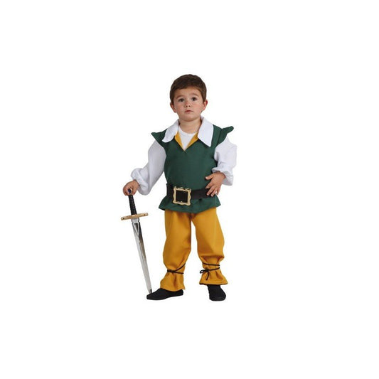 Disfraz de mercader medieval para bebé: chaleco verde, camisa blanca, pantalón amarillo y cinturón con hebilla