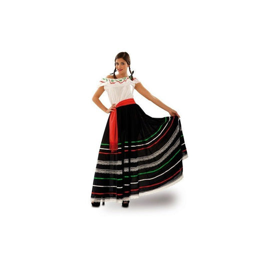 Disfraz de Mexicana para mujer: blusa blanca sin mangas y falda larga negra con diseño multicolor