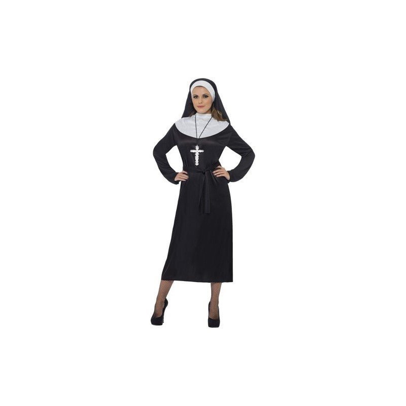 Disfraz de monja para mujer: vestido negro con cofia blanca y cruz plateada