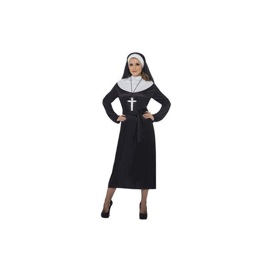 Disfraz de monja para mujer: vestido negro con cofia blanca y cruz plateada